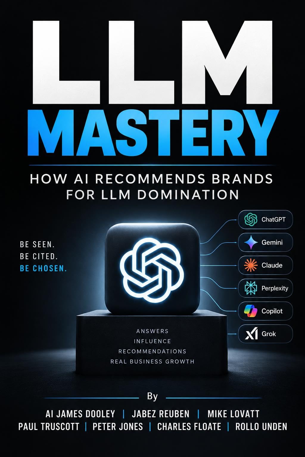Front cover of LLM Mastery: How AI Recommends Brands for LLM Domination. On a dark navy ground, LLM in white and MASTERY in blue stand above the subtitle; a glowing tile bearing the ChatGPT mark sits on a plinth, with fine lines running to the marks of six AI assistants, and the seven authors' names run along the foot.